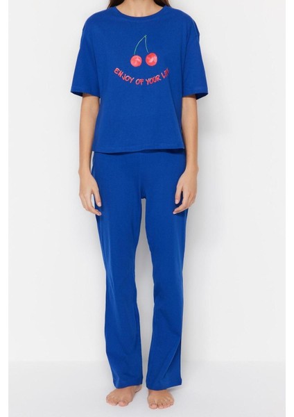 Kadın Bisiklet Yaka Kısa Kol Pamuklu Kiraz Baskılı T-Shirt-Pantolon Örme Pijama Takımı