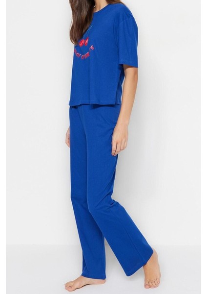 Kadın Bisiklet Yaka Kısa Kol Pamuklu Kiraz Baskılı T-Shirt-Pantolon Örme Pijama Takımı