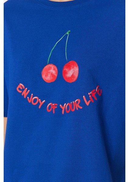 Kadın Bisiklet Yaka Kısa Kol Pamuklu Kiraz Baskılı T-Shirt-Pantolon Örme Pijama Takımı