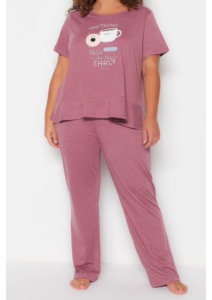Büyük Beden Kadın Pamuk Polyester Bisiklet Yaka Kısa Kol Baskılı Kısa Kollu Örme Pijama Takımı