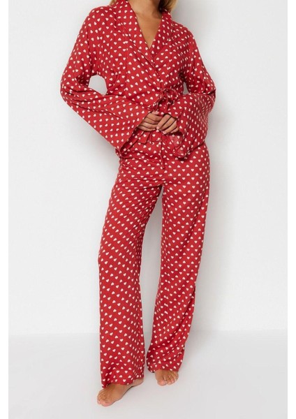Kadın Viskon V Yaka Uzun Kol Kalp Desenli Bağlama Detaylı Gömlek-Pantolon Dokuma Pijama Takımı