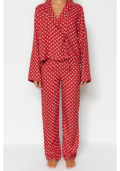Kadın Viskon V Yaka Uzun Kol Kalp Desenli Bağlama Detaylı Gömlek-Pantolon Dokuma Pijama Takımı fırsatları