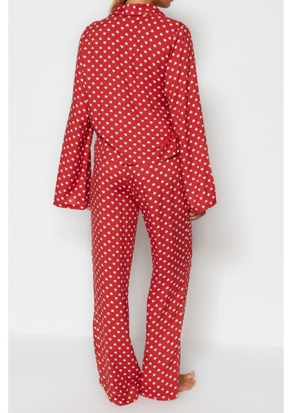 Kadın Viskon V Yaka Uzun Kol Kalp Desenli Bağlama Detaylı Gömlek-Pantolon Dokuma Pijama Takımı indirimleri
