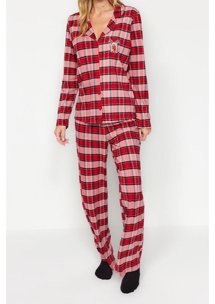 Kadın %100 Pamuk Gömlek Yaka Uzun Kol Geyik Desenli Ekoseli Tshirt-Pantolon Örme Pijama Takımı