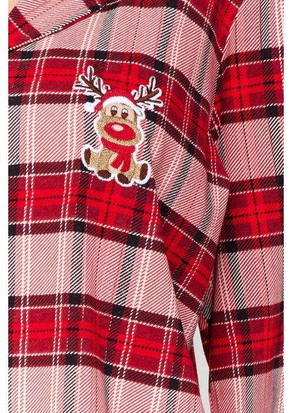 Kadın %100 Pamuk Gömlek Yaka Uzun Kol Geyik Desenli Ekoseli Tshirt-Pantolon Örme Pijama Takımı fırsatları