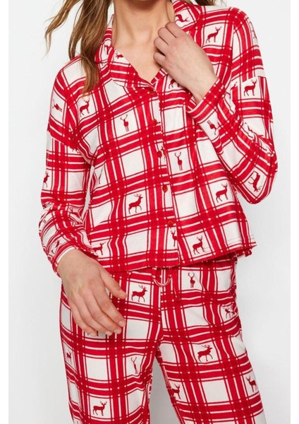 Kadın Polyester Gömlek Yaka Uzun Kol Geyik Desenli Ekose Gömlek-Pantolon Örme Pijama Takımı