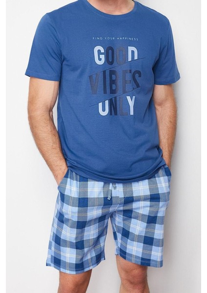 Erkek Pamuk Bisiklet Yaka Kısa Kol Indigo Ekose Regular Fit Örme Şortlu Pijama Takımı modelleri