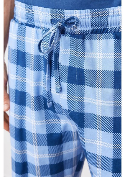 Erkek Pamuk Bisiklet Yaka Kısa Kol Indigo Ekose Regular Fit Örme Şortlu Pijama Takımı indirimleri