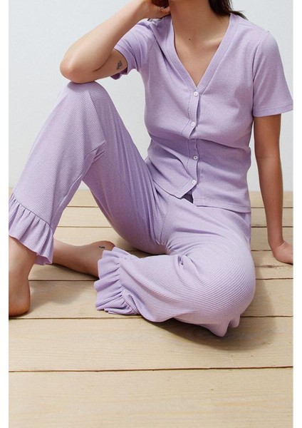 Kadın Polyester V Yaka Kısa Kol Fırfır Detaylı Fitilli Örme Pijama Takımı