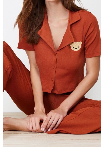 Kadın Polyester Gömlek Yaka Kısa Kol Ayıcık Nakışlı Fitilli Gömlek-Pantolon Örme Pijama Takımı fiyatları
