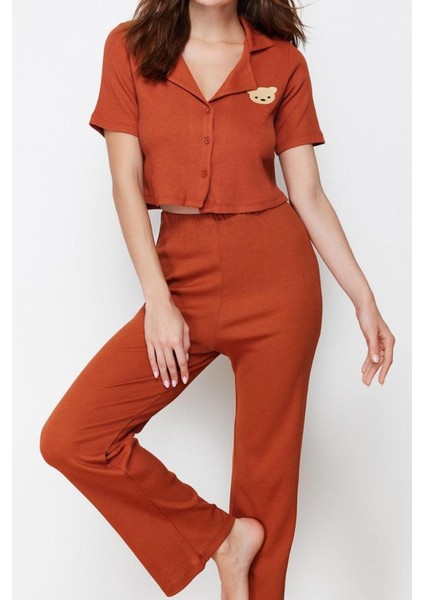 Kadın Polyester Gömlek Yaka Kısa Kol Ayıcık Nakışlı Fitilli Gömlek-Pantolon Örme Pijama Takımı modelleri