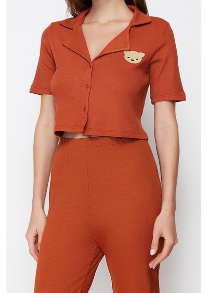 Kadın Polyester Gömlek Yaka Kısa Kol Ayıcık Nakışlı Fitilli Gömlek-Pantolon Örme Pijama Takımı fırsatları