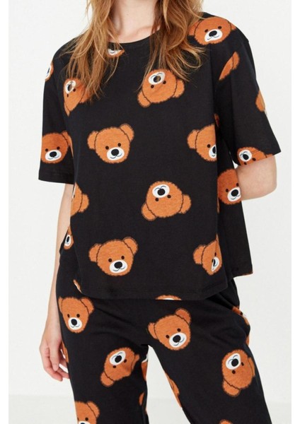 Kadın Pamuk Bisiklet Yaka Kısa Kol Ayıcık Desenli T-Shirt-Pantolon Örme Pijama Takımı modelleri