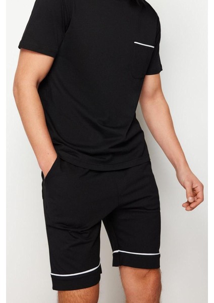 Erkek Pamuk Bisiklet Yaka Kısa Kol Regular Fit Biyeli Örme Şortlu Pijama Takımı