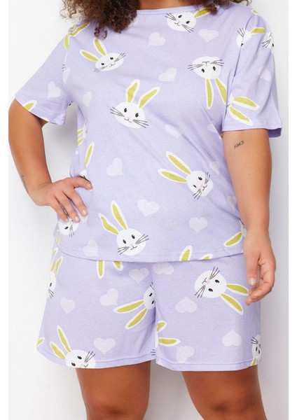Büyük Beden Kadın Pamuklu Bisiklet Yaka Kısa Kol Tavşan Desenli Örme Pijama Takımı fiyatları
