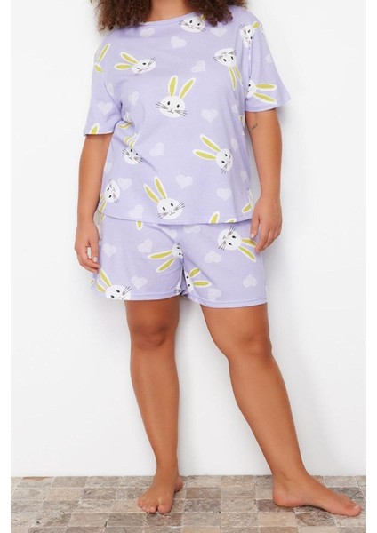 Büyük Beden Kadın Pamuklu Bisiklet Yaka Kısa Kol Tavşan Desenli Örme Pijama Takımı modelleri