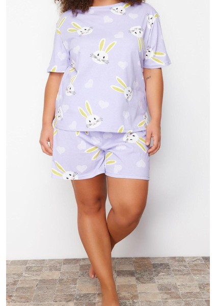 Büyük Beden Kadın Pamuklu Bisiklet Yaka Kısa Kol Tavşan Desenli Örme Pijama Takımı fırsatları