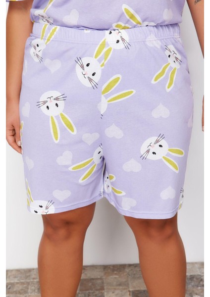 Büyük Beden Kadın Pamuklu Bisiklet Yaka Kısa Kol Tavşan Desenli Örme Pijama Takımı indirimleri