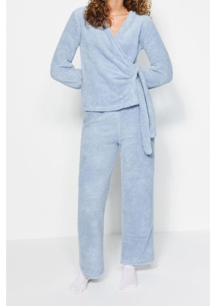 Kadın Polyester Kruvaze Uzun Kol Kruvaze Yaka Wellsoft Gömlek-Pantolon Örme Pijama Takımı