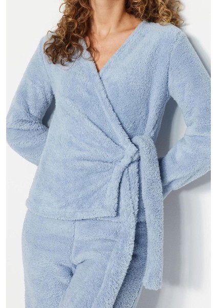 Kadın Polyester Kruvaze Uzun Kol Kruvaze Yaka Wellsoft Gömlek-Pantolon Örme Pijama Takımı fiyatları