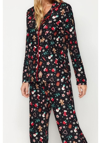 Kadın Polyester Gömlek Yaka Uzun Kol Yumuşak Yılbaşı Temalı Gömlek-Pantolon Örme Pijama Takımı fiyatları