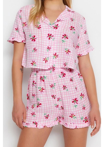 Kadın Viskon Gömlek Yaka Kısa Kol Pembe Çiçek Desenli Viskon Gömlek-Şort Dokuma Pijama Takımı fiyatları