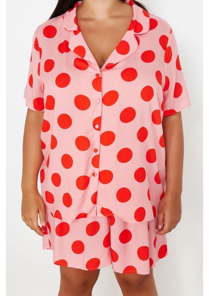 Büyük Beden Kadın Viskon Gömlek Yaka Kısa Kol Gömlek Yaka Puantiyeli Dokuma Pijama Takımı