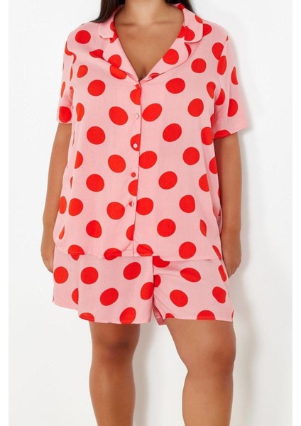 Büyük Beden Kadın Viskon Gömlek Yaka Kısa Kol Gömlek Yaka Puantiyeli Dokuma Pijama Takımı modelleri