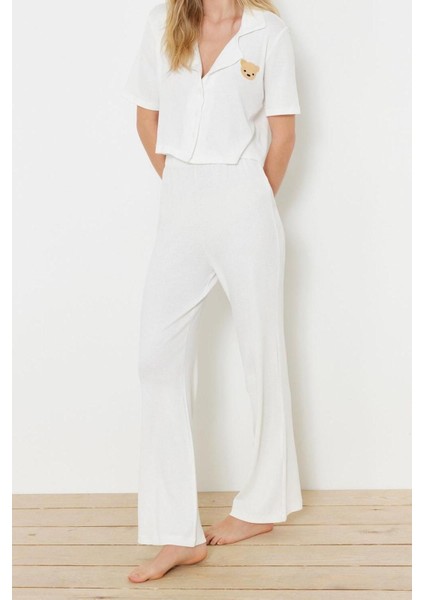Kadın Polyester Gömlek Yaka Kısa Kol Ayıcık Nakışlı Fitilli Gömlek-Pantolon Örme Pijama Takımı