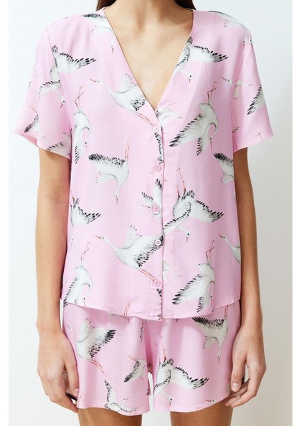 Kadın Viskon V Yaka Kısa Kol Leylek Desenli Viskon Dokuma Pijama Takımı