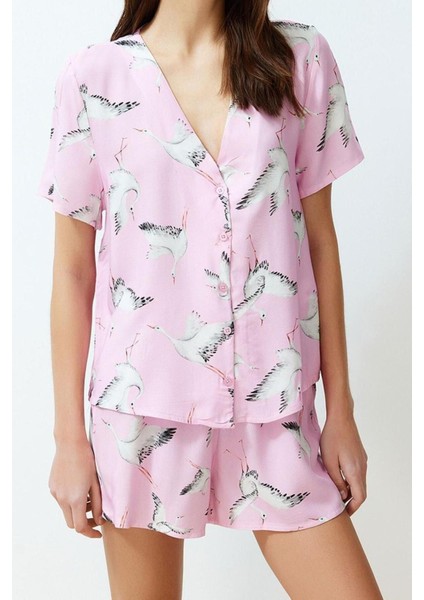 Kadın Viskon V Yaka Kısa Kol Leylek Desenli Viskon Dokuma Pijama Takımı