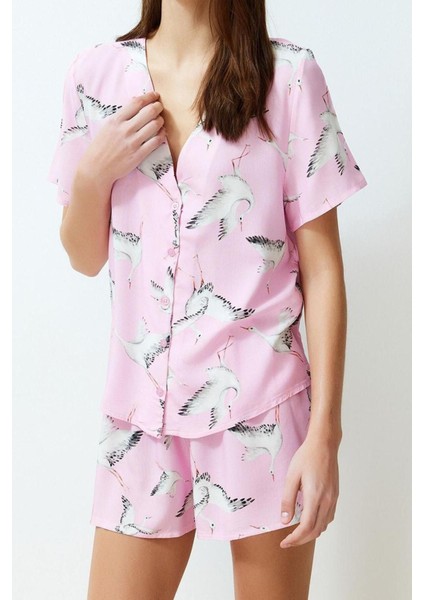 Kadın Viskon V Yaka Kısa Kol Leylek Desenli Viskon Dokuma Pijama Takımı
