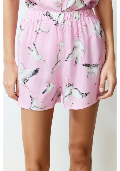 Kadın Viskon V Yaka Kısa Kol Leylek Desenli Viskon Dokuma Pijama Takımı