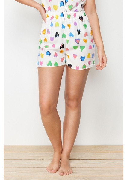Kadın Viskon Gömlek Yaka Kısa Kol Kalpli Biye Detaylı Viskon Dokuma Pijama Takımı