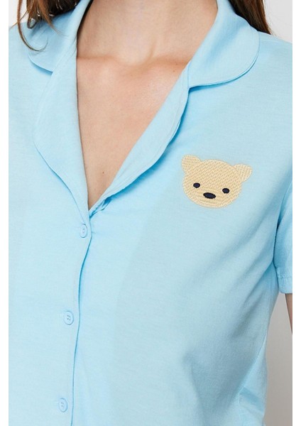 Kadın Pamuk Gömlek Yaka Kısa Kol Pamuk Ayıcık Nakışlı Gömlek-Şort Örme Pijama Takımı