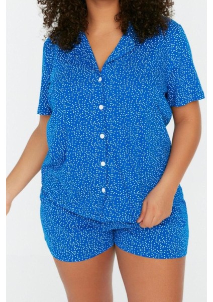 Büyük Beden Kadın Pamuklu Gömlek Yaka Kısa Kol Örme Pijama Takımı