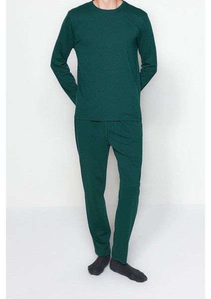 Erkek Polyester Bisiklet Yaka Uzun Kol Regular Fit Örme Pijama Takımı
