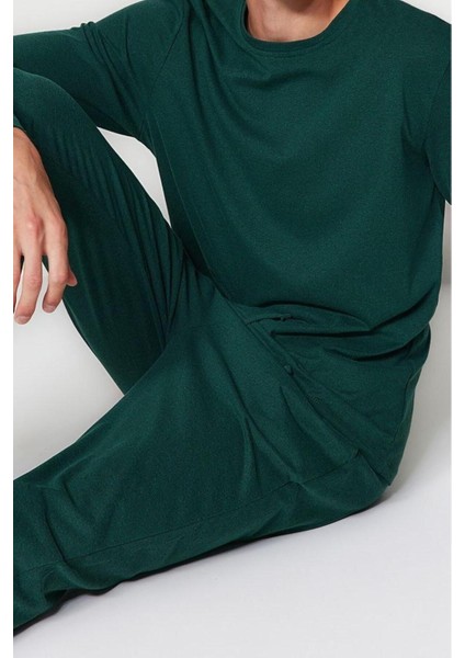Erkek Polyester Bisiklet Yaka Uzun Kol Regular Fit Örme Pijama Takımı