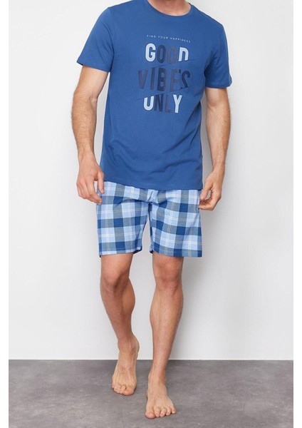 Erkek Pamuk Bisiklet Yaka Kısa Kol Indigo Ekose Regular Fit Örme Şortlu Pijama Takımı
