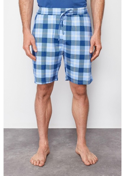 Erkek Pamuk Bisiklet Yaka Kısa Kol Indigo Ekose Regular Fit Örme Şortlu Pijama Takımı