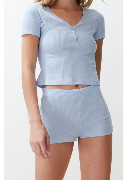 Kadın Polyester V Yaka Kısa Kol Düğme Detaylı Fitilli Örme Pijama Takımı