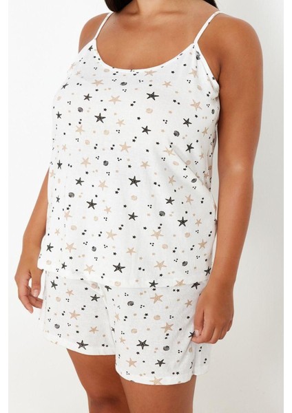 Büyük Beden Kadın Polyester U Yaka Askılı Kol Deniz Yıldızı Desenli Askılı Örme Pijama Takımı modelleri