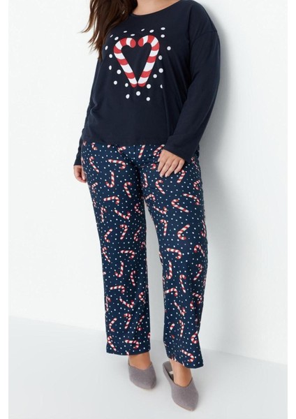 Büyük Beden Kadın Polyester Bisiklet Yaka Uzun Kol Yılbaşı Temalı Örme Pijama Takımı