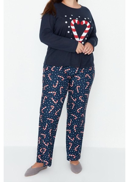 Büyük Beden Kadın Polyester Bisiklet Yaka Uzun Kol Yılbaşı Temalı Örme Pijama Takımı fiyatları