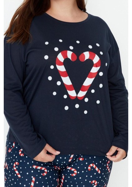 Büyük Beden Kadın Polyester Bisiklet Yaka Uzun Kol Yılbaşı Temalı Örme Pijama Takımı modelleri