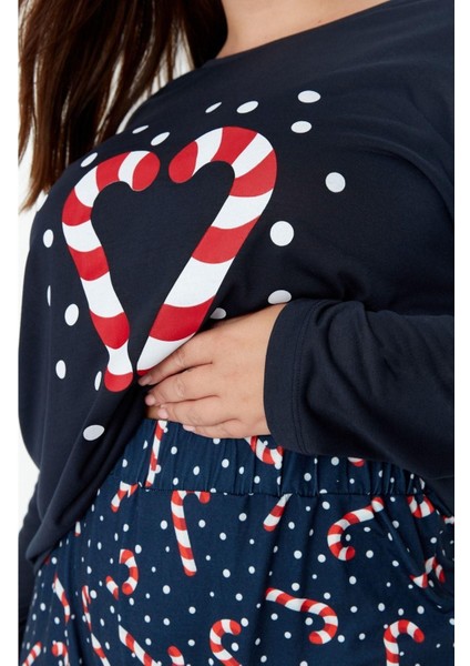 Büyük Beden Kadın Polyester Bisiklet Yaka Uzun Kol Yılbaşı Temalı Örme Pijama Takımı fırsatları