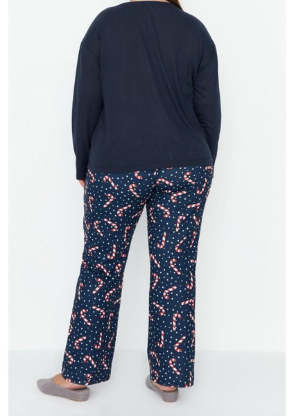 Büyük Beden Kadın Polyester Bisiklet Yaka Uzun Kol Yılbaşı Temalı Örme Pijama Takımı indirimleri