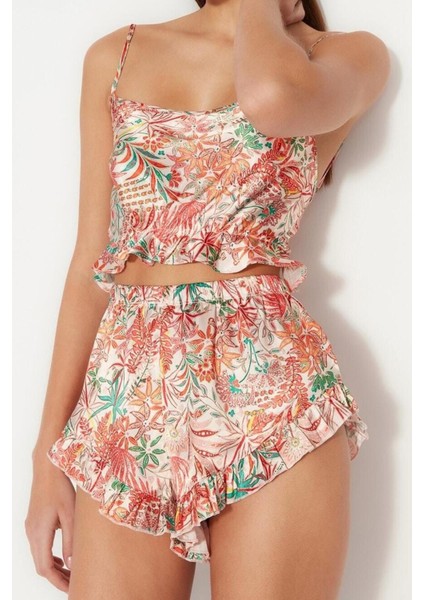 Kadın Polyester Bisiklet Yaka Askılı Kol Fırfırlı ve Sırt Ip Askılı Saten Dokuma Pijama Takımı modelleri