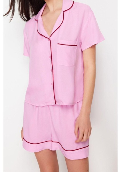 Kadın Viskon Gömlek Yaka Kısa Kol Biye Detaylı Viskon Dokuma Pijama Takımı