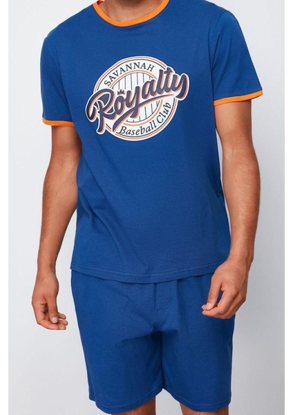Erkek %100 Pamuk Bisiklet Yaka Kısa Kol Indigo Regular Fit Baskılı Örme Şortlu Pijama Takımı